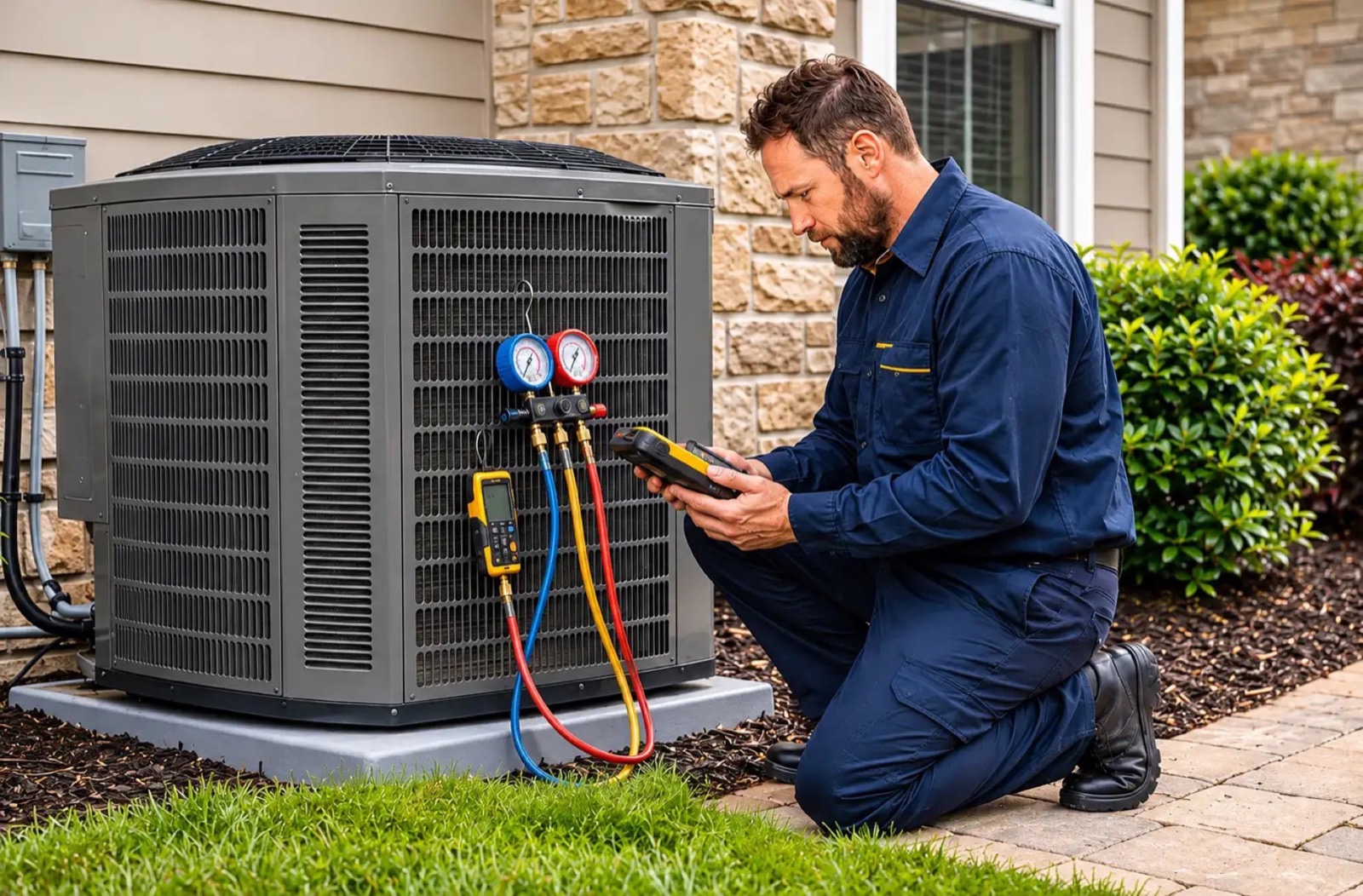 A technician in a navy uniform crouching beside an outdoor air conditioning unit and reading a gauge set, next to a stone-fronted house