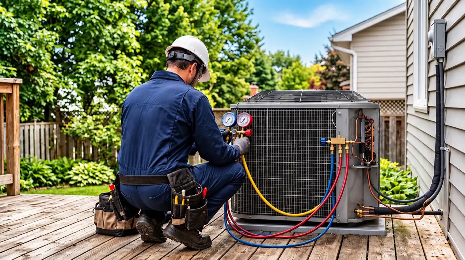 A technician in a hard hat and navy uniform connecting gauge hoses to an outdoor air conditioning unit beside a wooden deck
