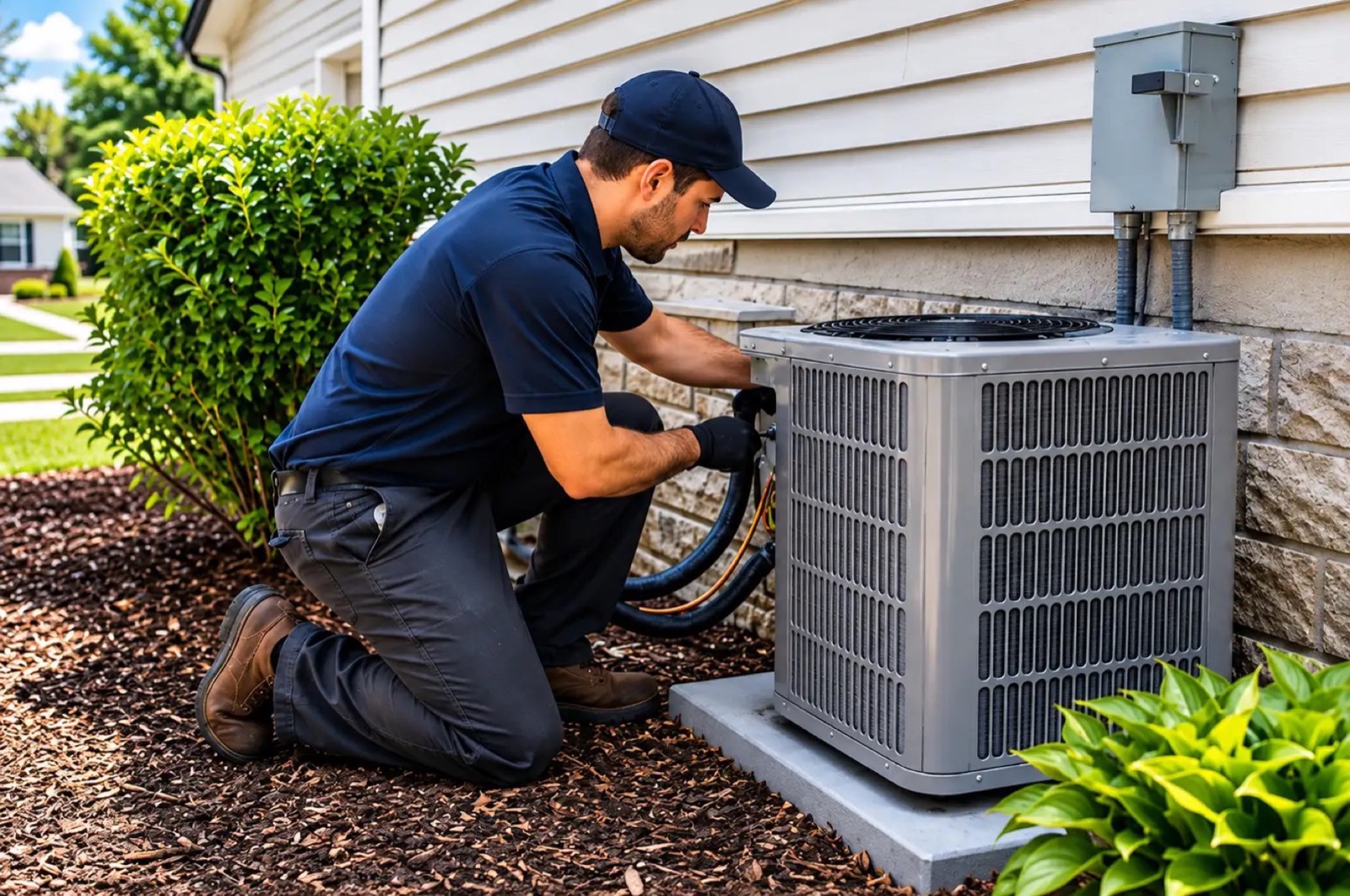 A technician kneeling beside an outdoor condenser unit on a concrete pad, connecting lines near a house wall and shrubs