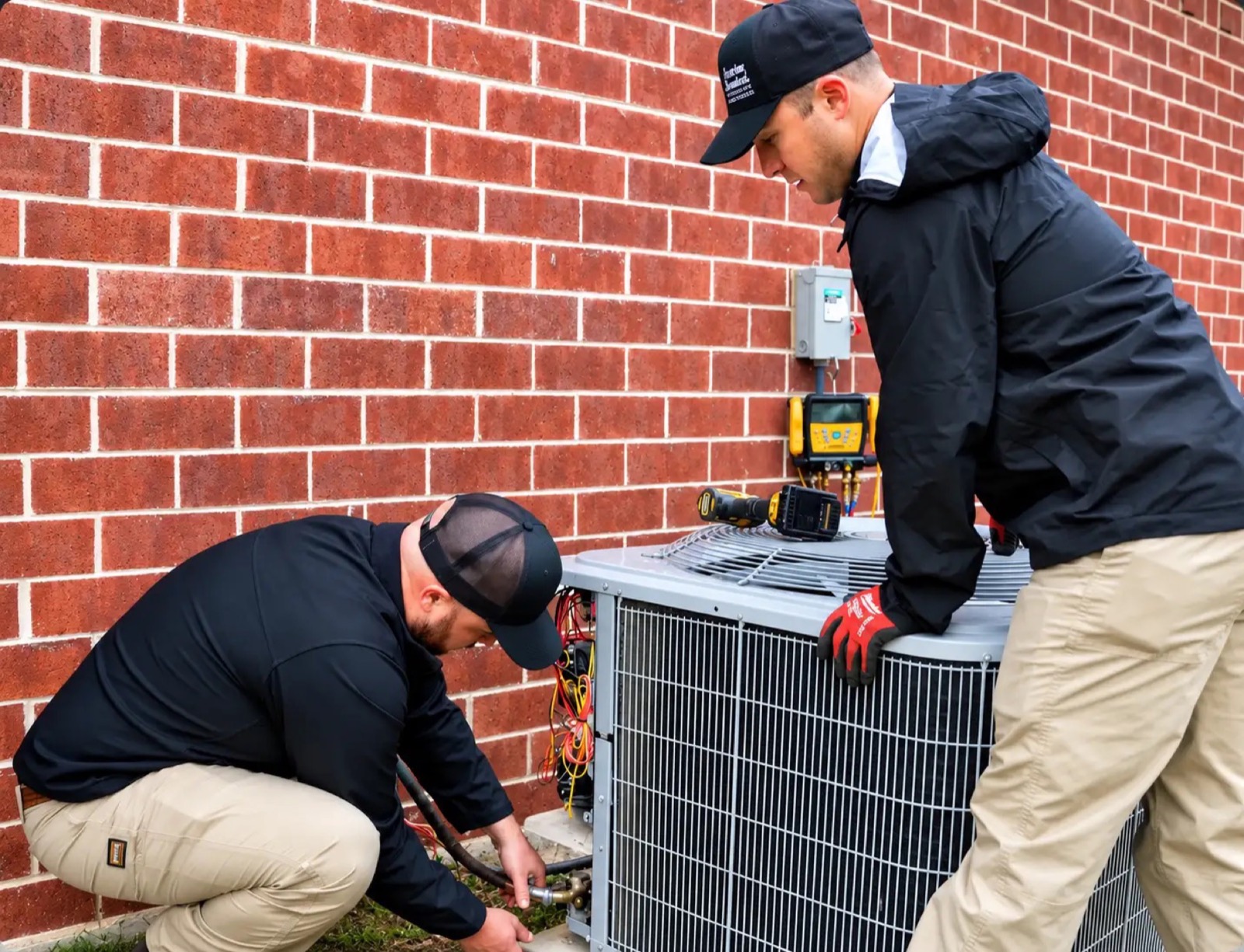 Two technicians working on an outdoor air conditioning unit against a red brick wall