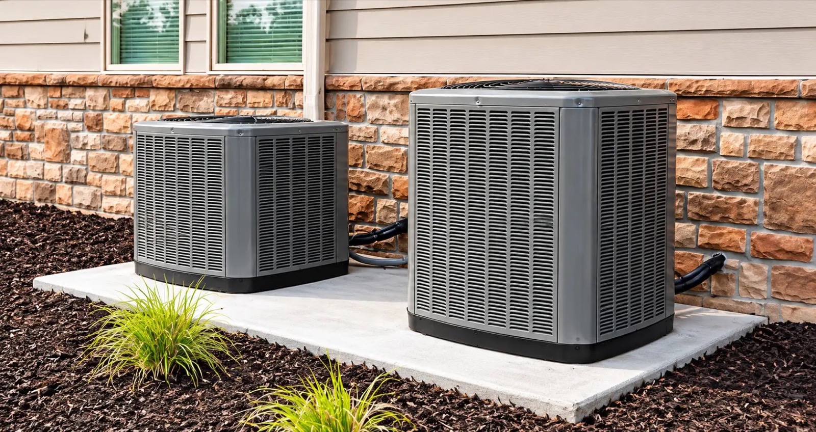 Two outdoor air conditioner condensers side by side on a concrete pad beside a brick wall