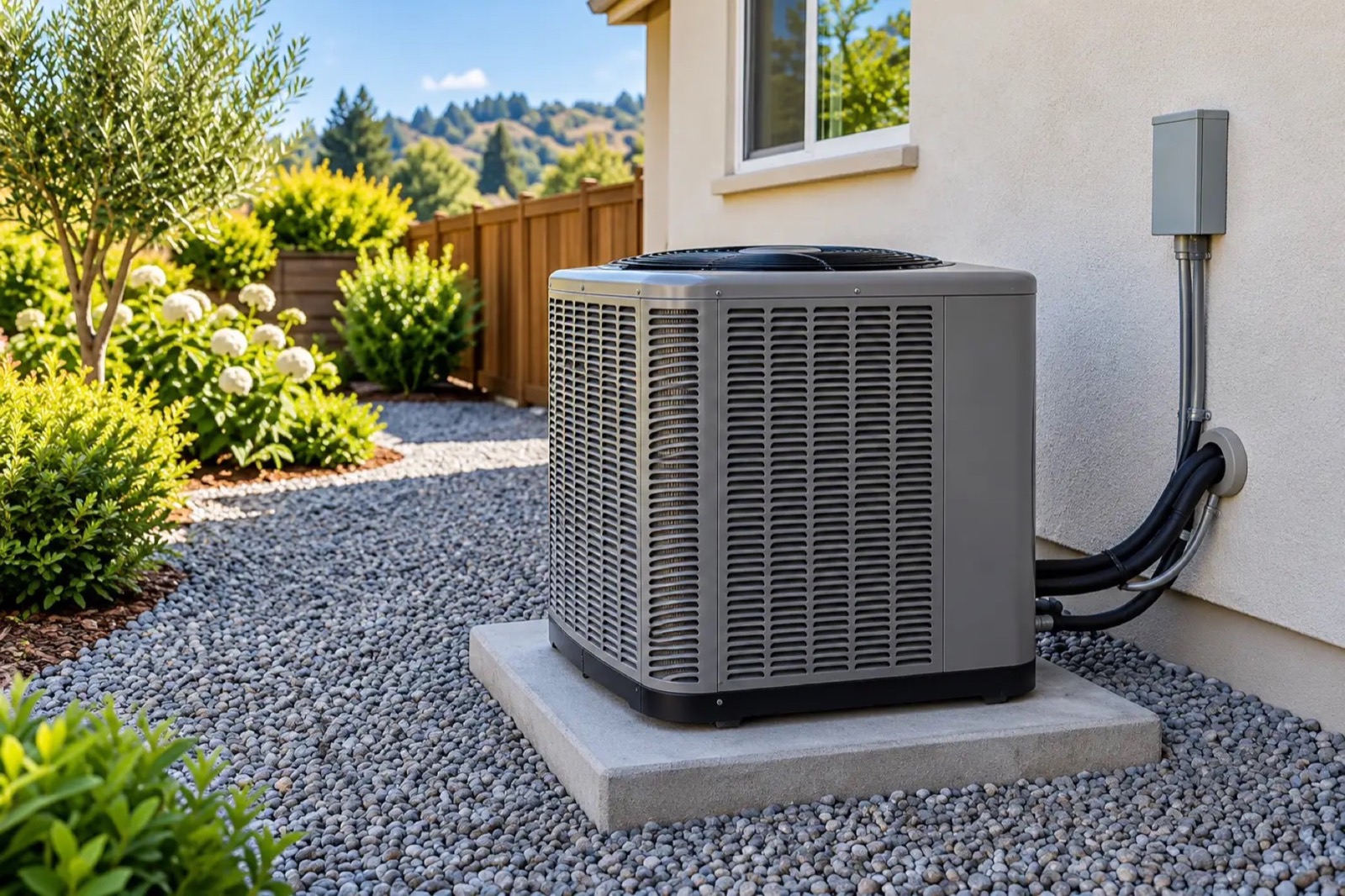 A new outdoor air conditioner condenser on a concrete pad with gravel and a garden fence