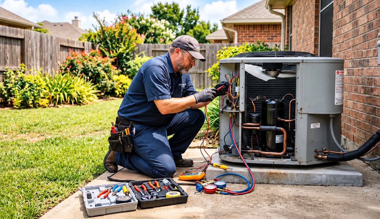 A technician working on an opened outdoor unit on a lawn with a tool case and gauge set
