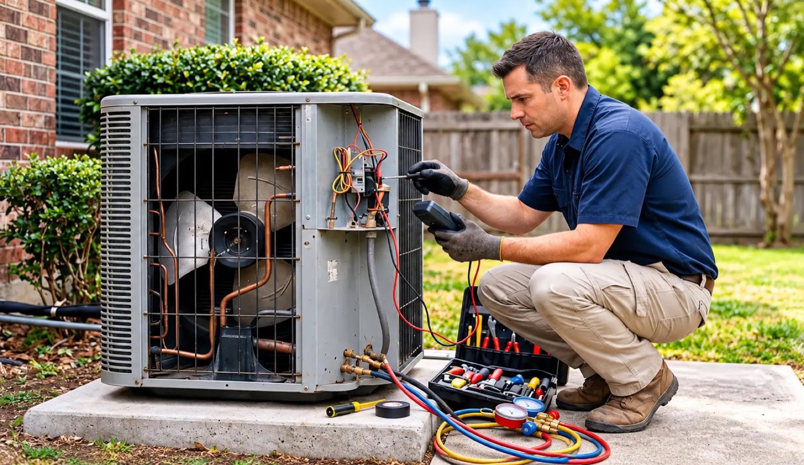 A technician checking the wiring inside an opened outdoor unit, with a gauge set and tool case beside him