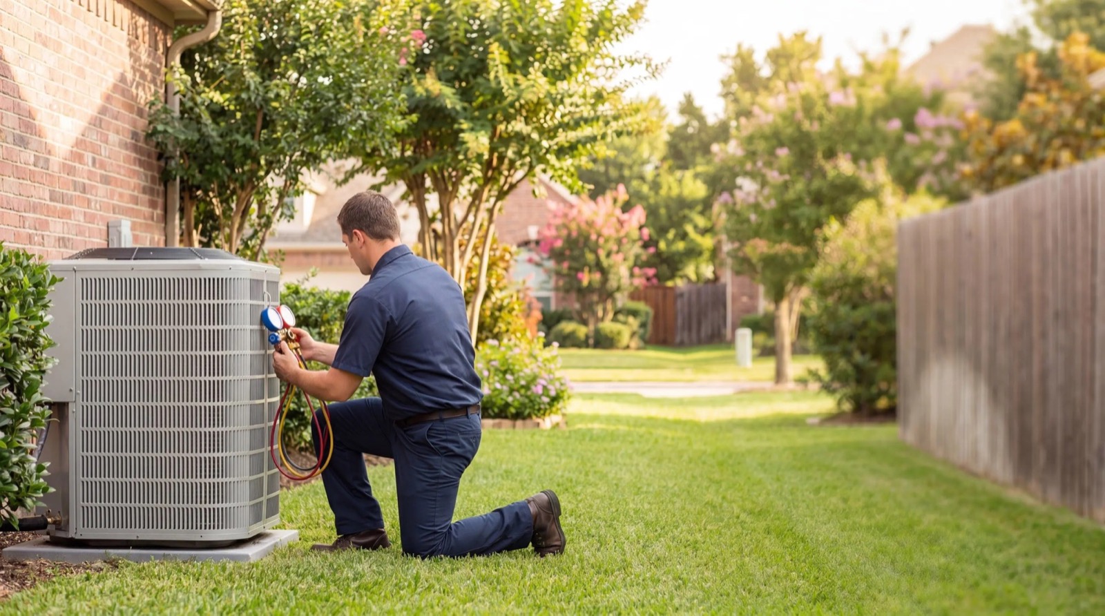 A technician in a navy uniform kneeling on a lawn and checking an outdoor air conditioning unit with a gauge