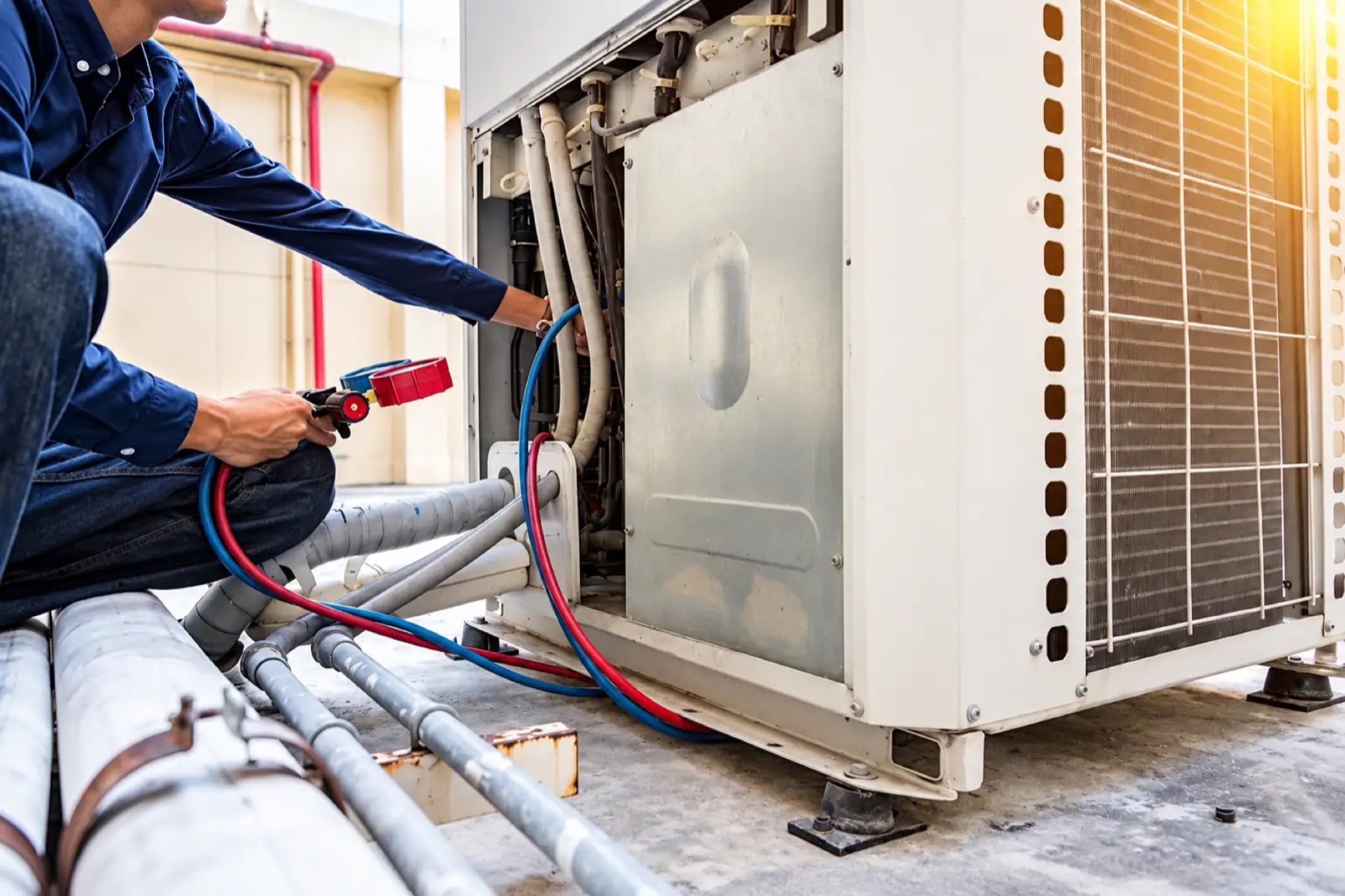 A technician's hands connecting gauge hoses to a large white outdoor unit with refrigerant lines