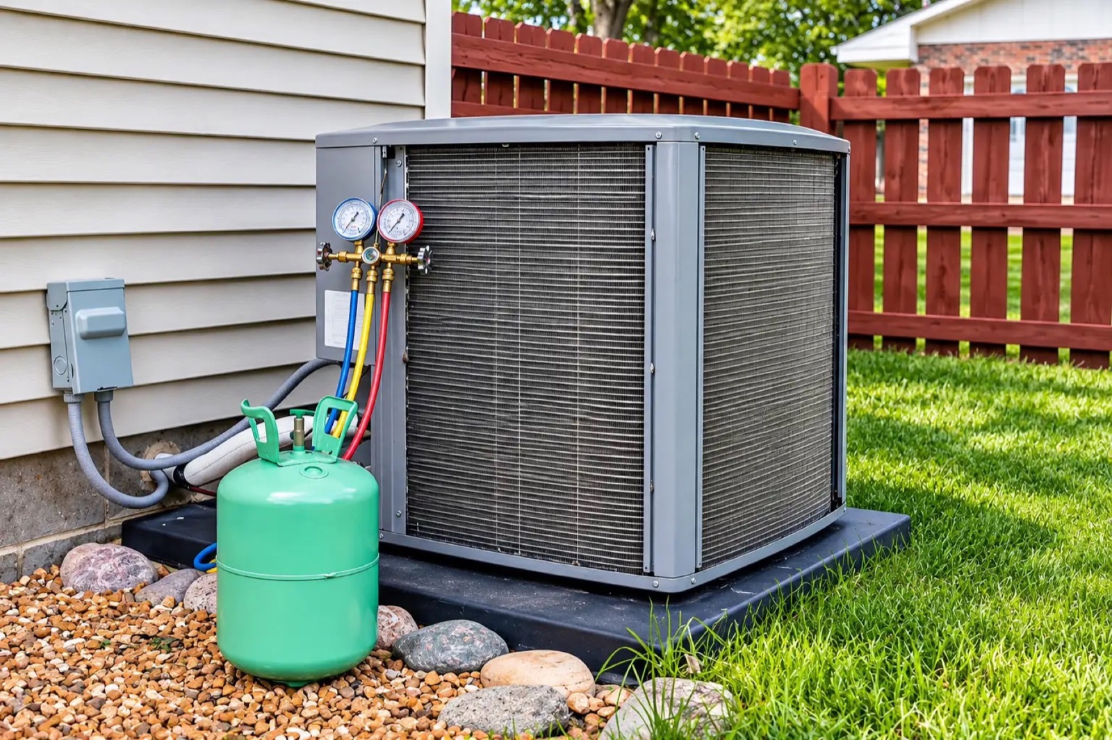 An outdoor air conditioner and a gas furnace with a vent pipe on the side of a house