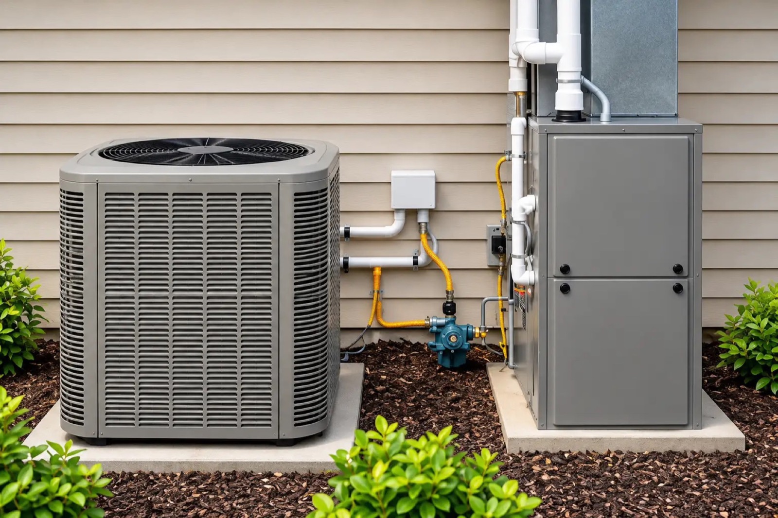 An outdoor air conditioning unit with gauge hoses and a green refrigerant cylinder beside a wooden fence