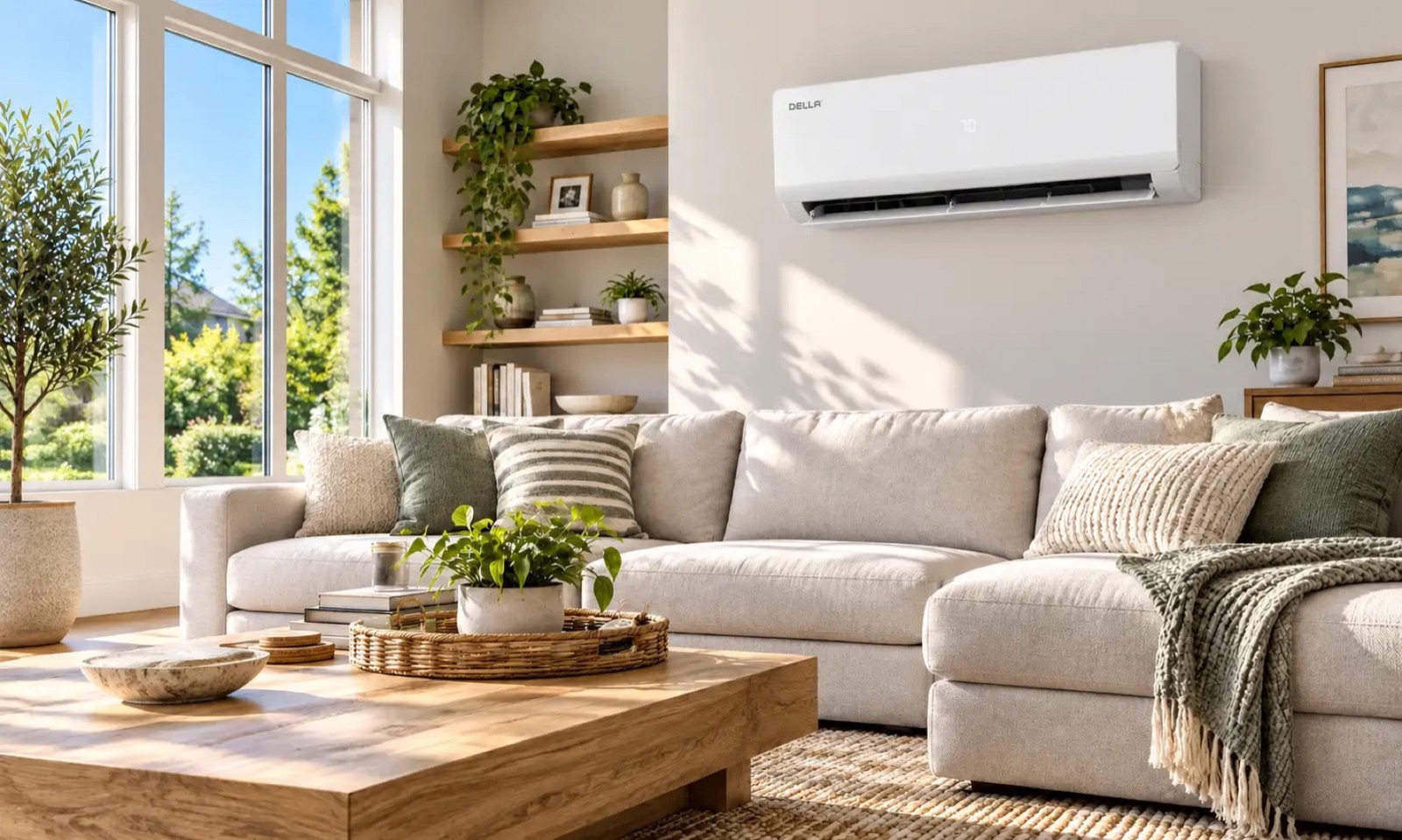 A hand holding a remote control toward a wall-mounted unit in a cozy living room